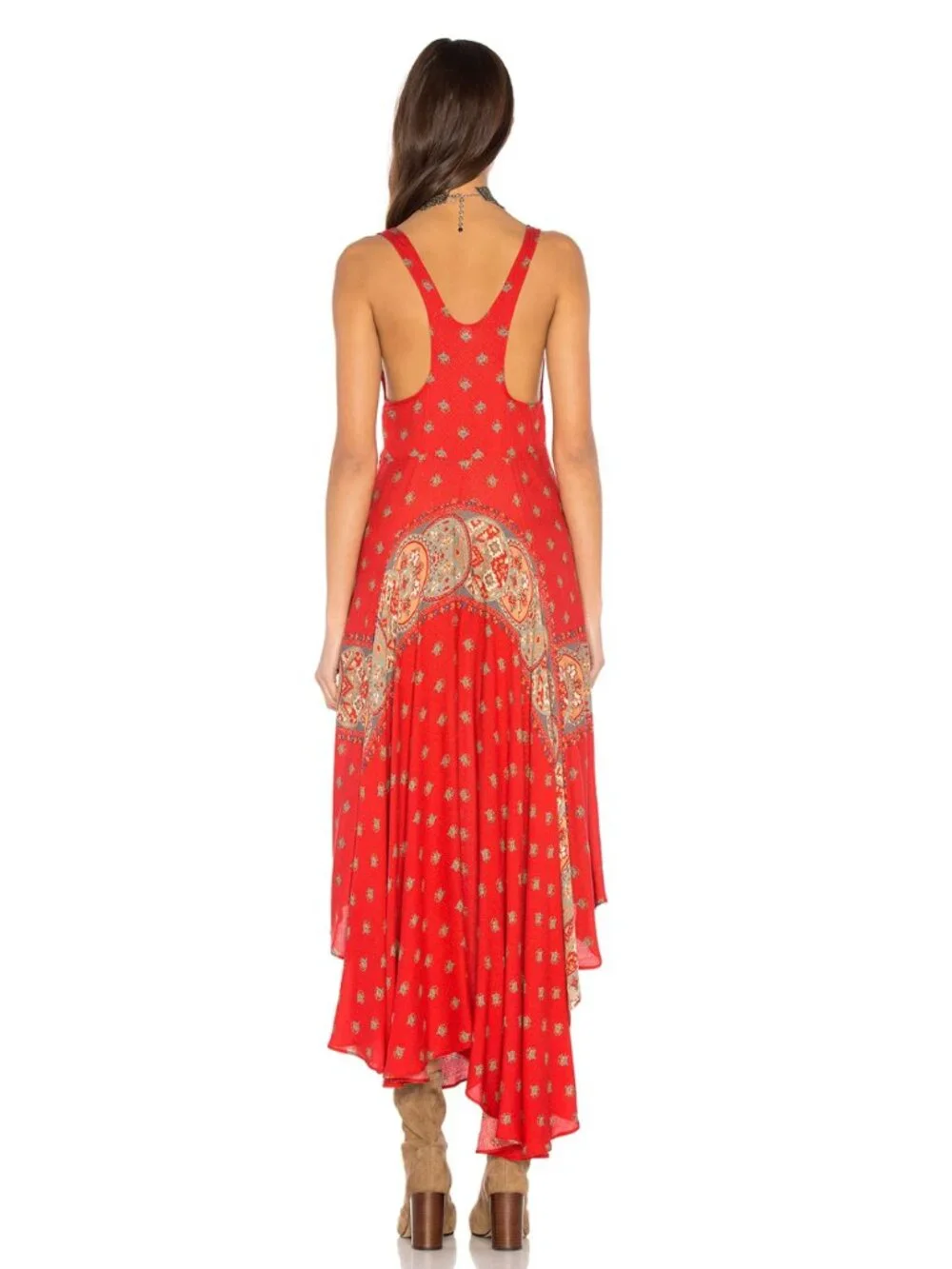 Free People Faithfully Yours V Neck Slip Dress Maxi Red Paisley Boho Hippie XS